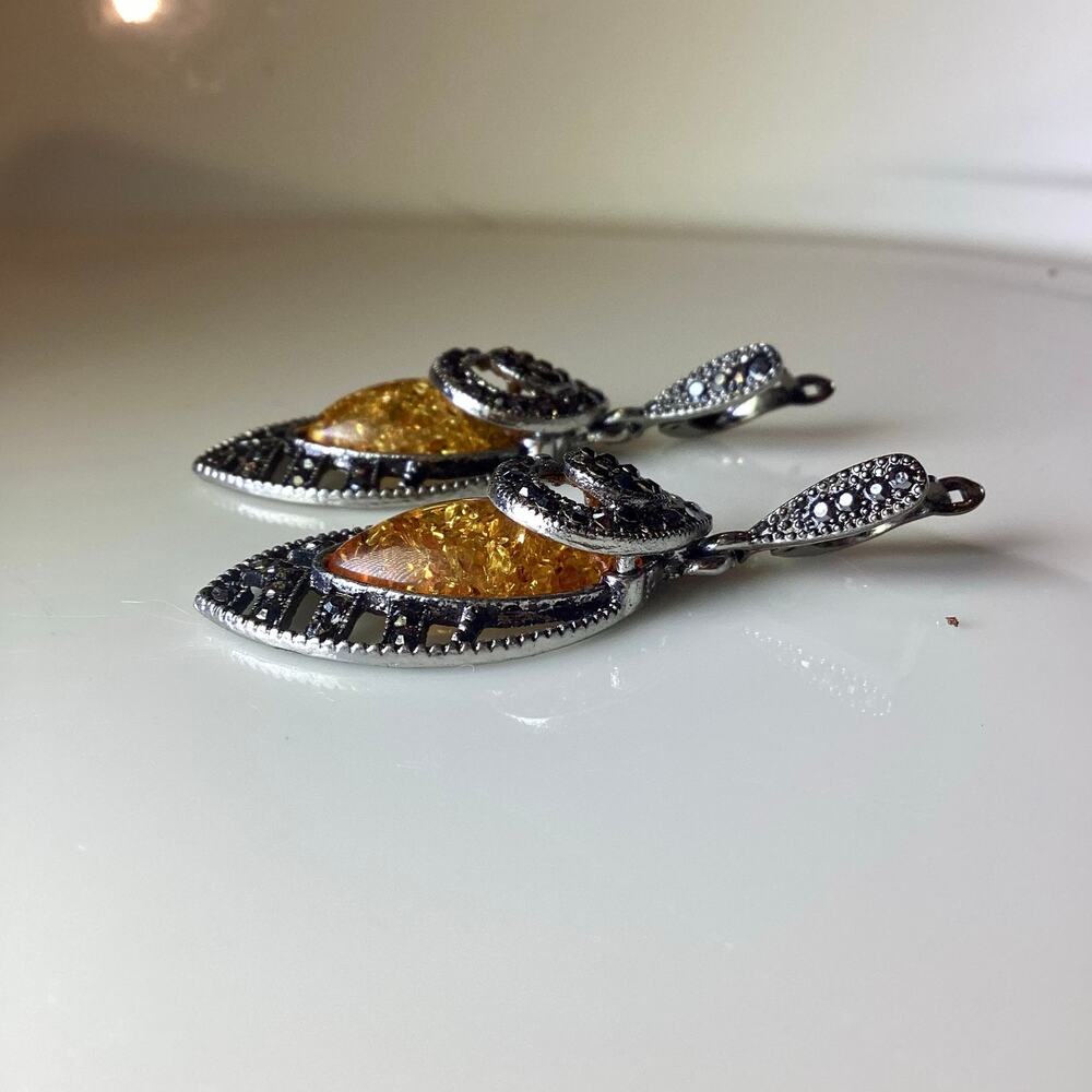 Amber Toned Stone and Dark Crystals Drop Earrings - Picture 4 of 8